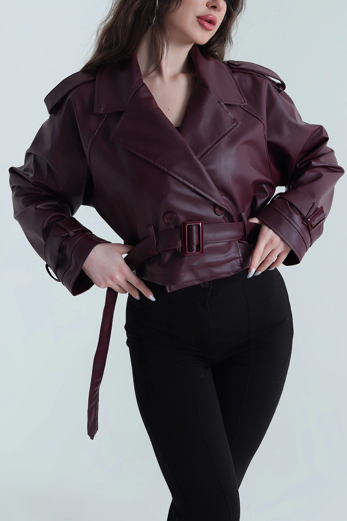 Kemerli Astar Detaylı Kadın Deri Trenç Mont | KVM2004